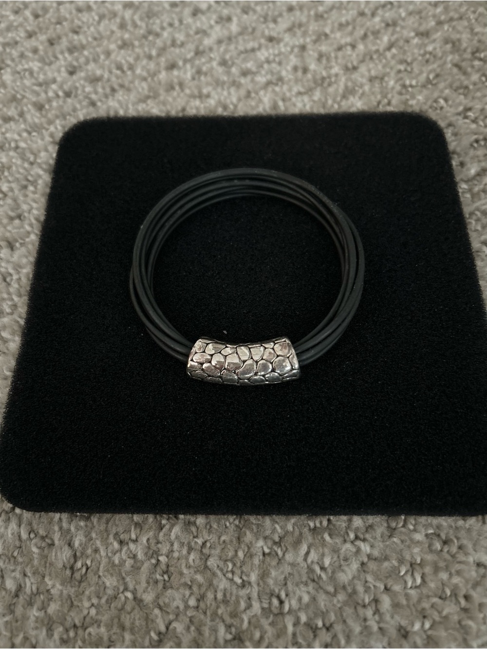 Black Multi-Strand Cord Bracelet with Textured Silver Magnetic Clasp